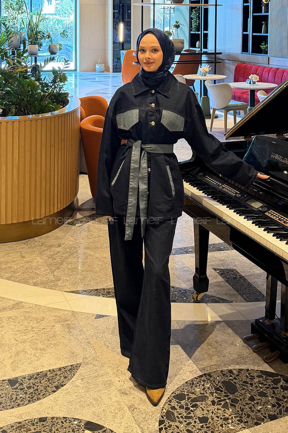 Lamelif Bağlama Detaylı Kot Takım Kot Mavisi