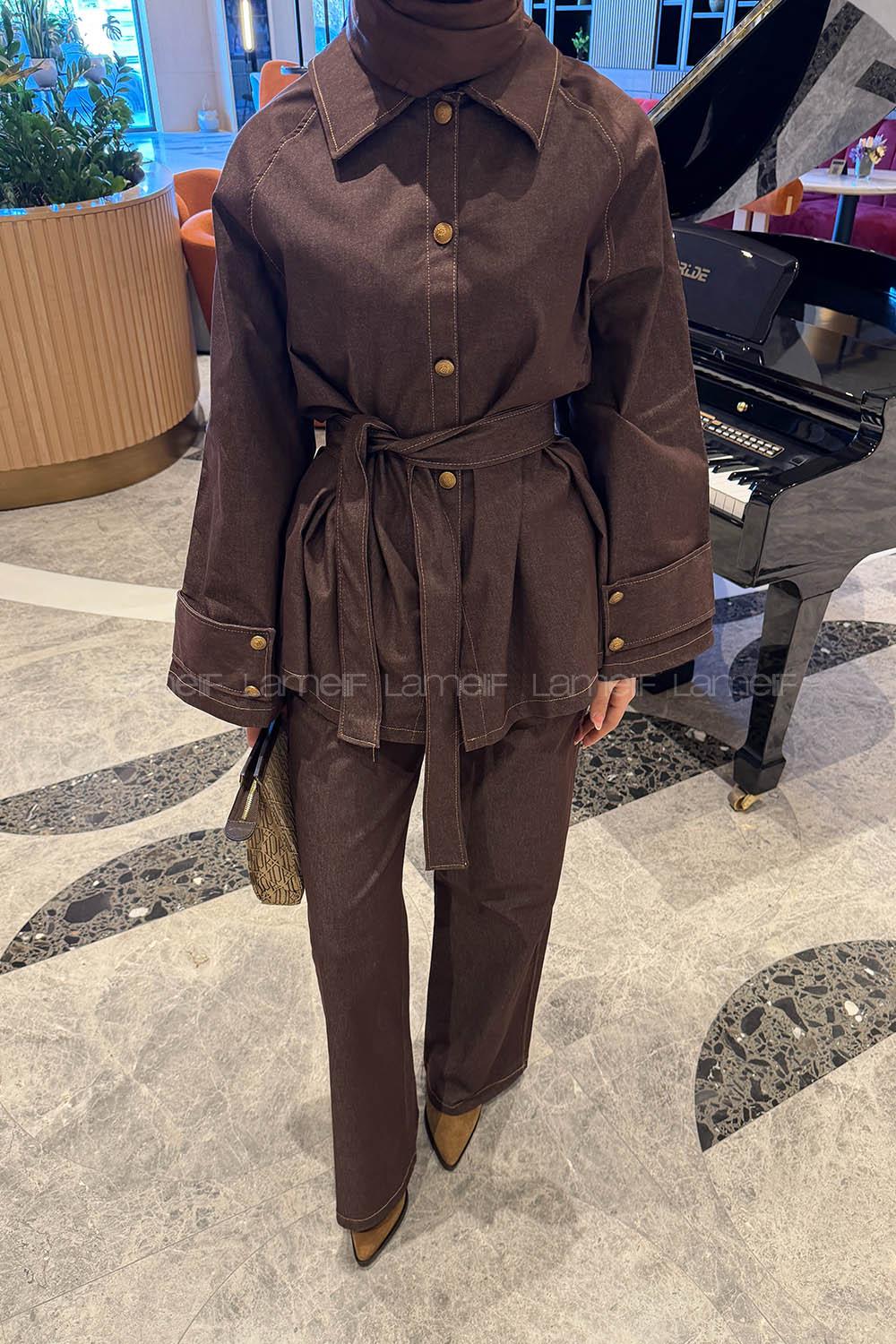 Lamelif Bağlama Detaylı Kot Takım Koyu Kahverengi