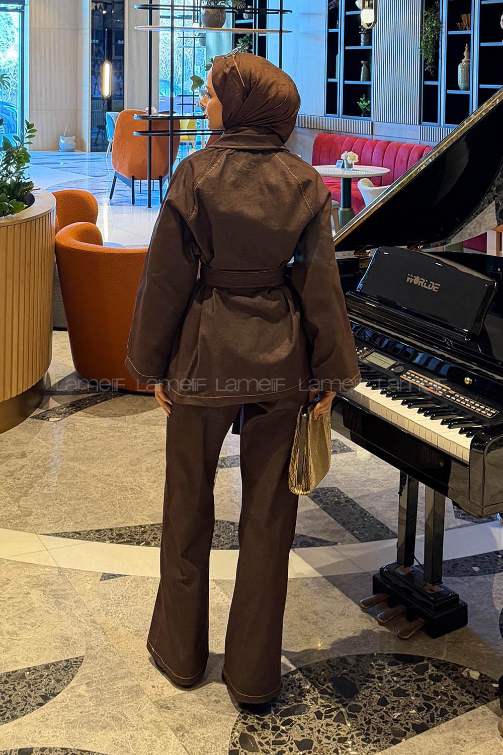 Lamelif Bağlama Detaylı Kot Takım Koyu Kahverengi