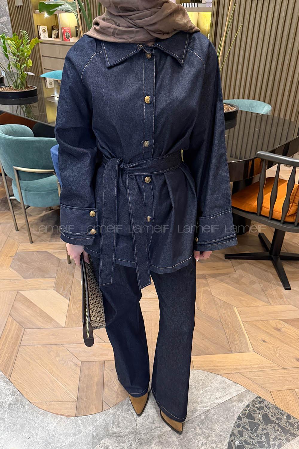 Lamelif Bağlama Detaylı Kot Takım Koyu Mavi