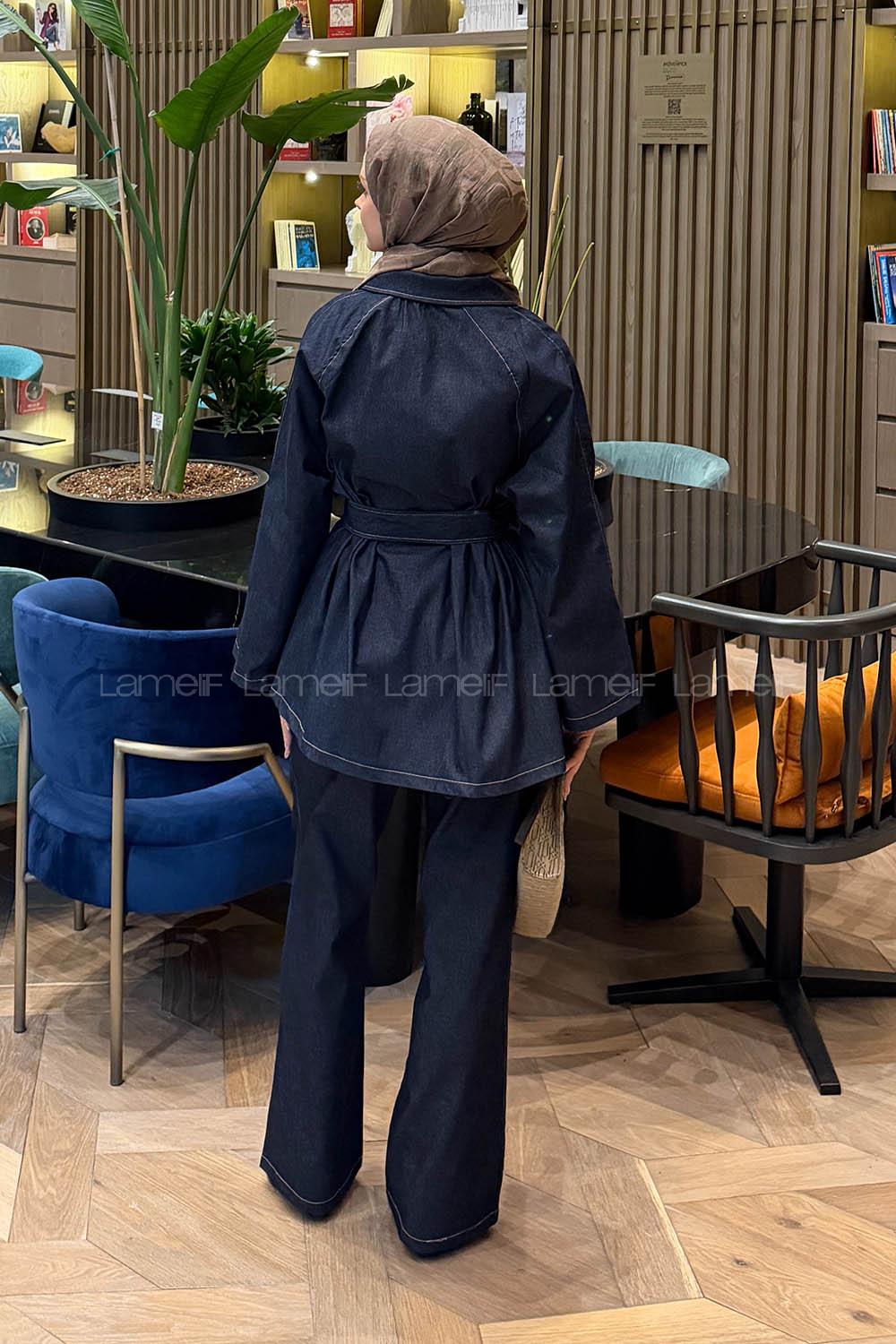 Lamelif Bağlama Detaylı Kot Takım Koyu Mavi