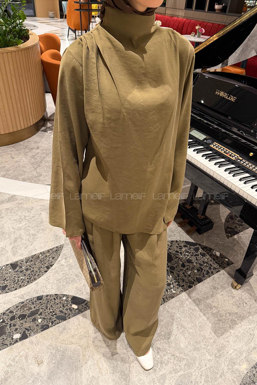 Lamelif Balıkçı Yaka Pileli Takım Haki