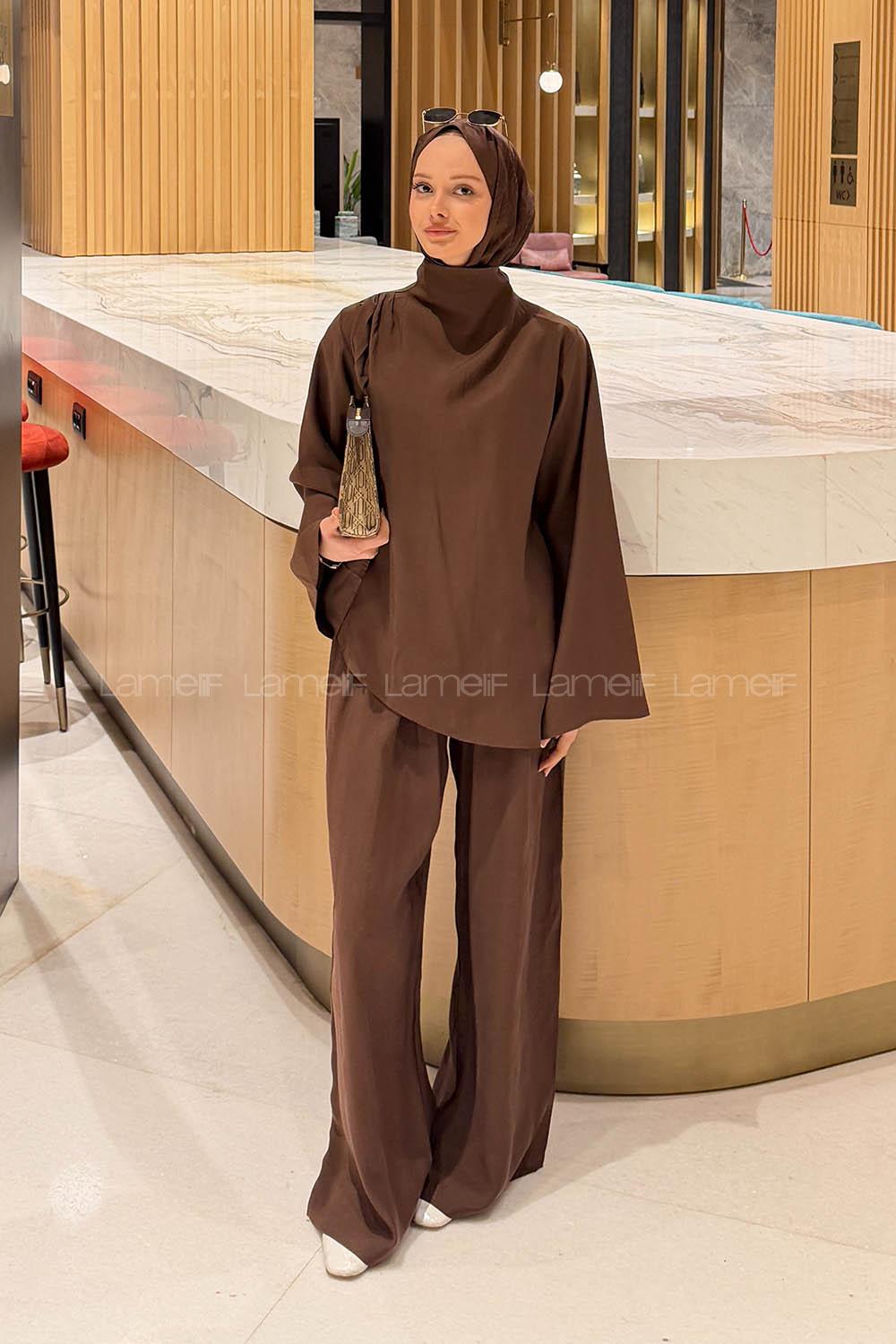Lamelif Balıkçı Yaka Pileli Takım Kahverengi