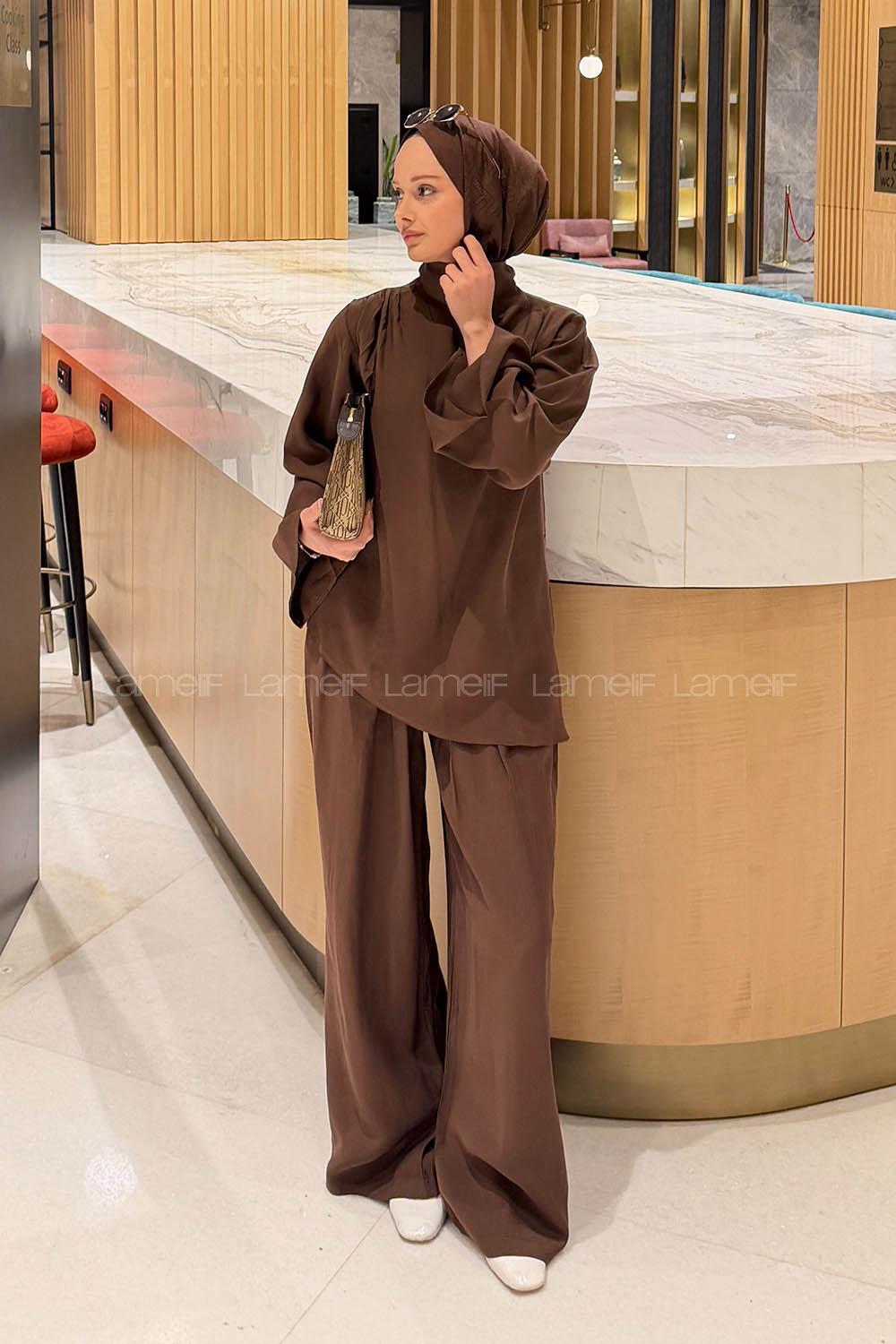 Lamelif Balıkçı Yaka Pileli Takım Kahverengi