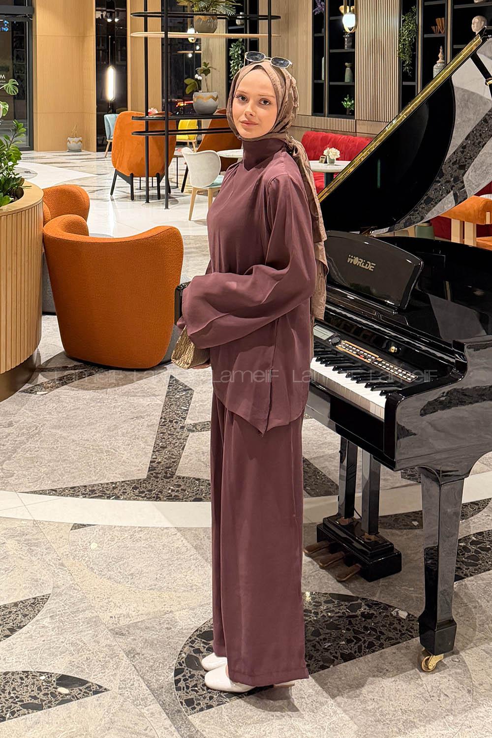 Lamelif Balıkçı Yaka Pileli Takım Mürdüm