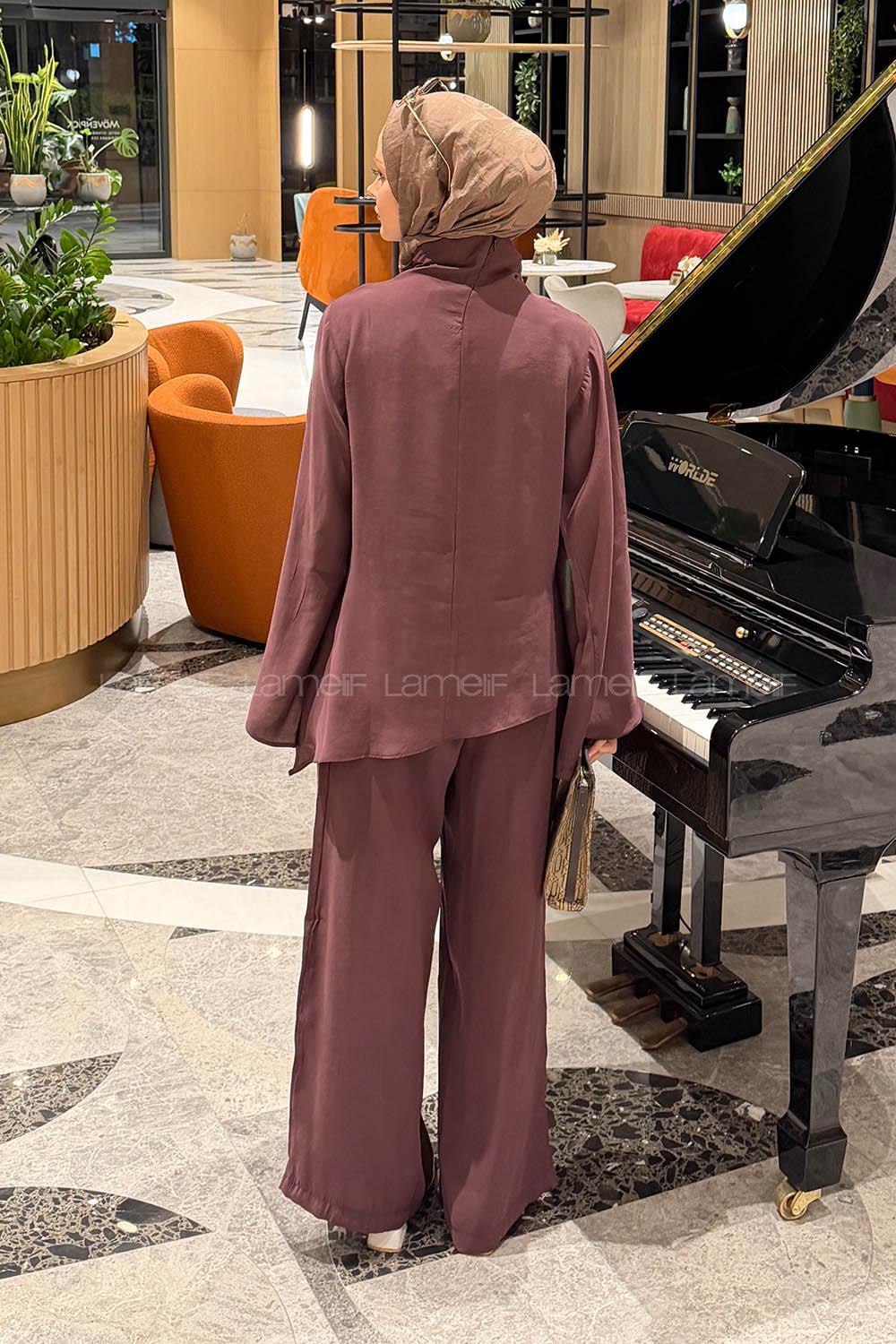 Lamelif Balıkçı Yaka Pileli Takım Mürdüm