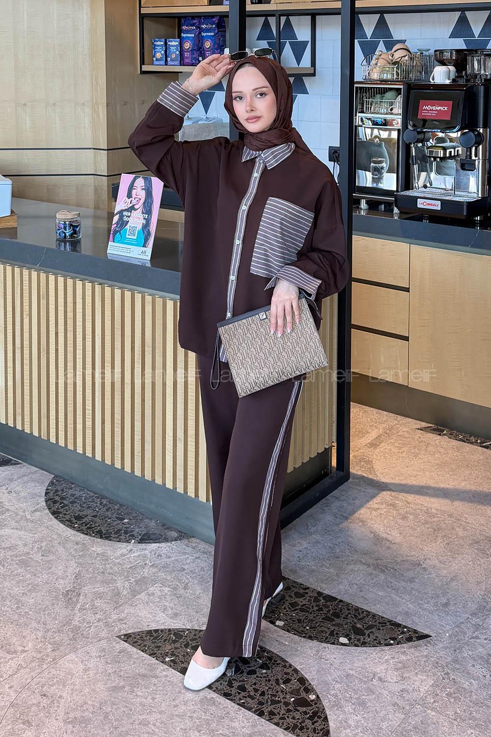 Lamelif Çizgili Pantolonlu Takım Acı Kahve