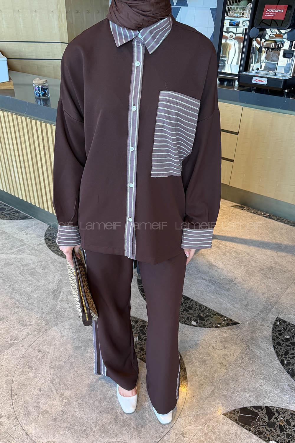 Lamelif Çizgili Pantolonlu Takım Acı Kahve