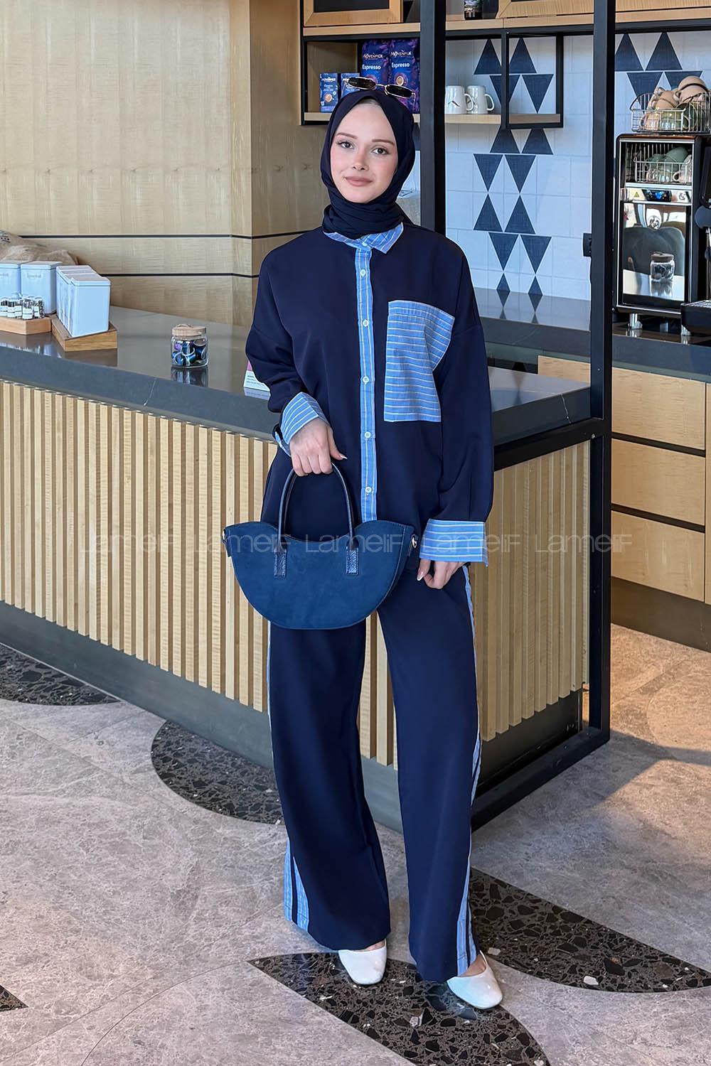 Lamelif Çizgili Pantolonlu Takım Lacivert