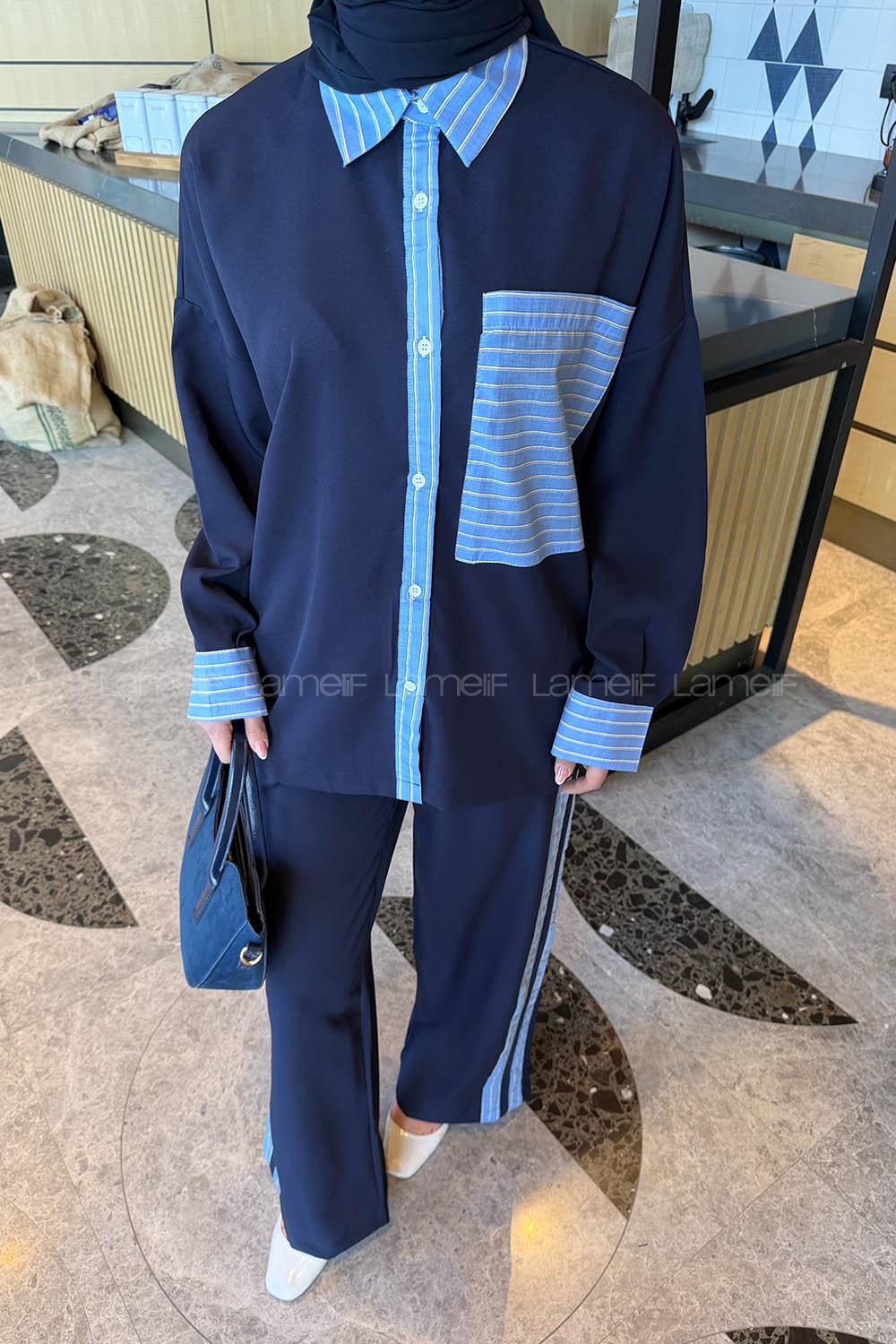 Lamelif Çizgili Pantolonlu Takım Lacivert