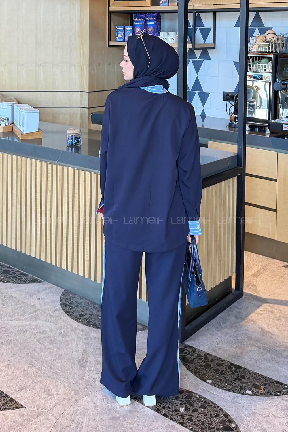 Lamelif Çizgili Pantolonlu Takım Lacivert