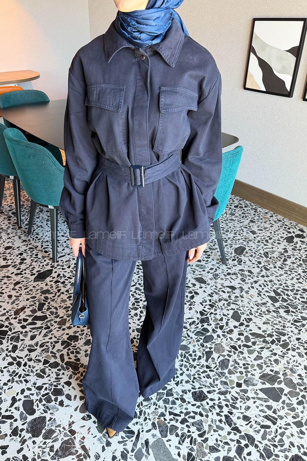 Lamelif Kemerli Denim Takım Lacivert