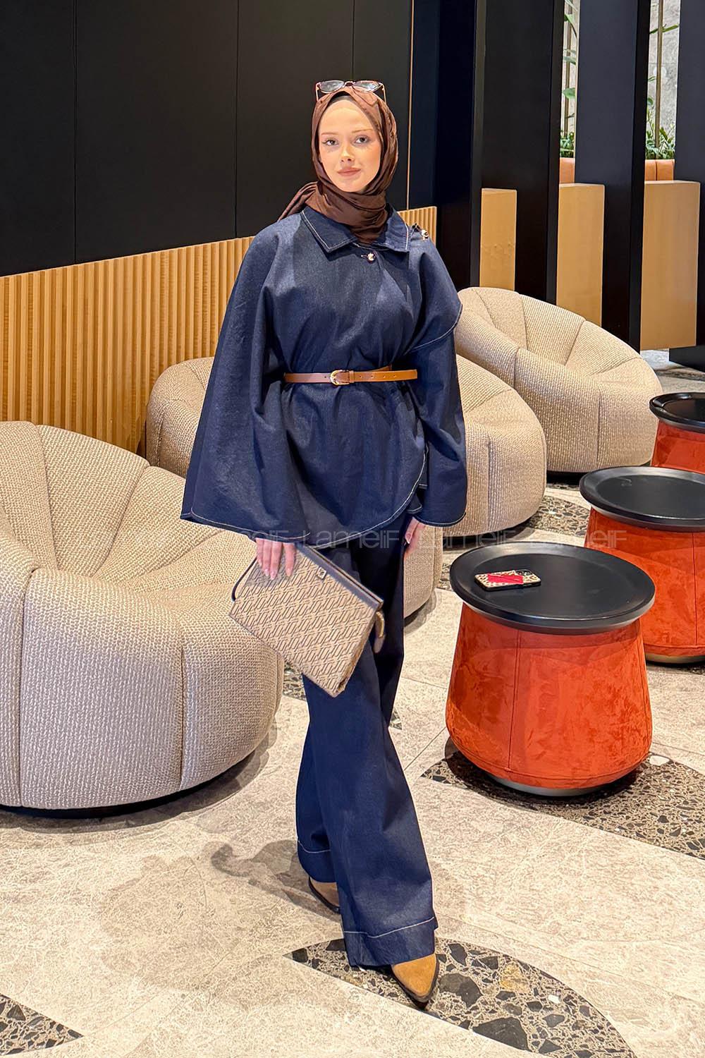 Lamelif Kemerli Panço-Pantolon Kot Takım Kot Mavisi