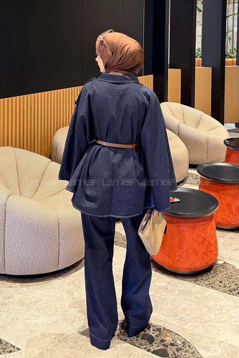 Lamelif Kemerli Panço-Pantolon Kot Takım Kot Mavisi