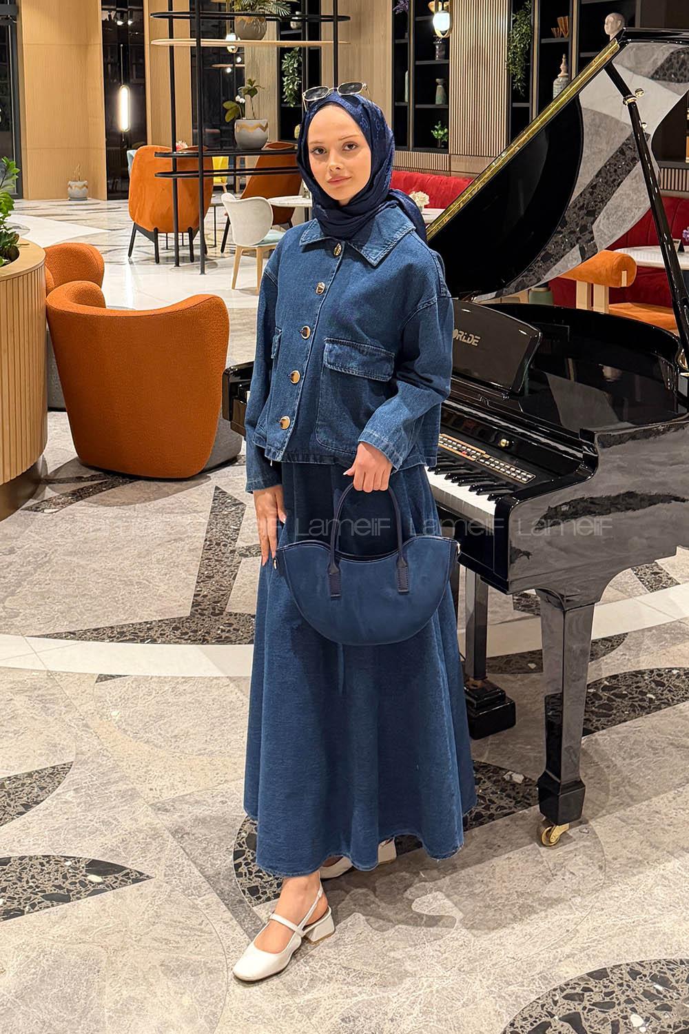 Denim Blue Shirt Collar Long Arm Denim Flared Skirt Suit