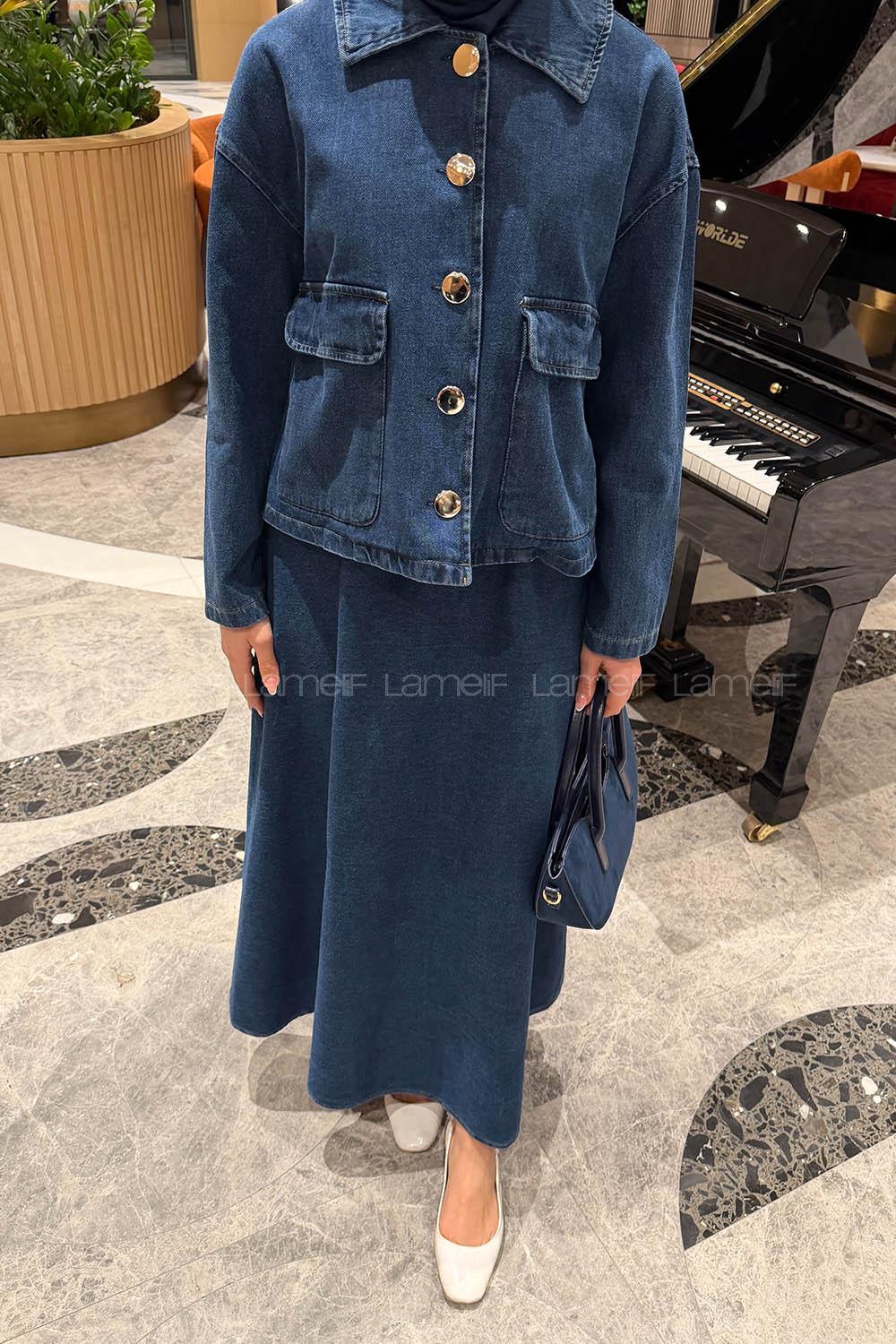 Denim Blue Shirt Collar Long Arm Denim Flared Skirt Suit