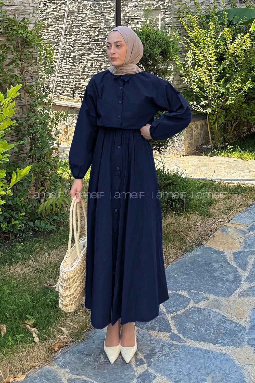 Lamelif Pat Detaylı Tesettür Elbise Koyu Lacivert