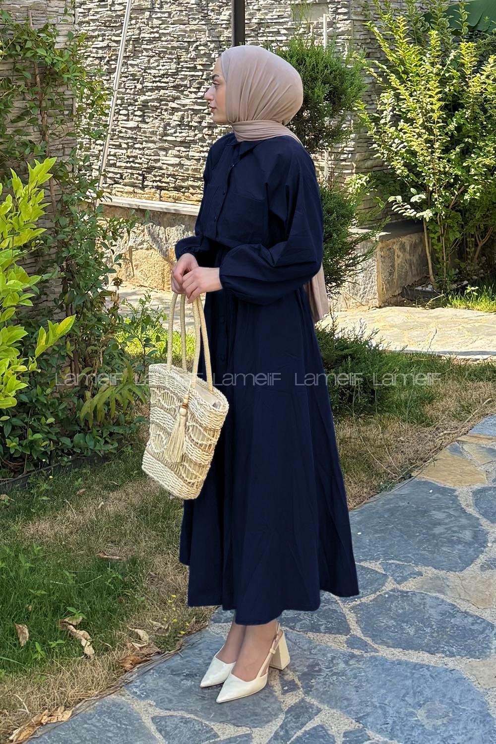 Lamelif Pat Detaylı Tesettür Elbise Koyu Lacivert