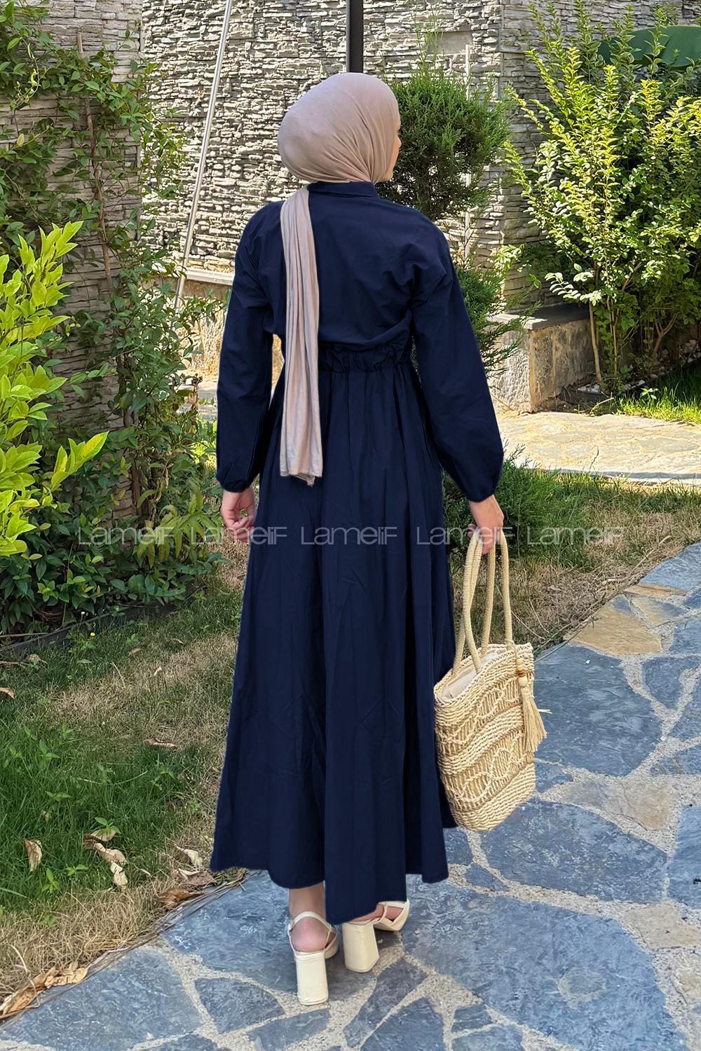 Lamelif Pat Detaylı Tesettür Elbise Koyu Lacivert