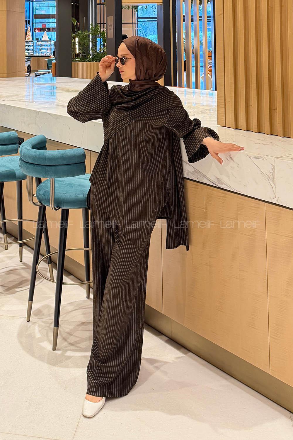 Lamelif Şal Detaylı Çizgili Takım Koyu Kahverengi