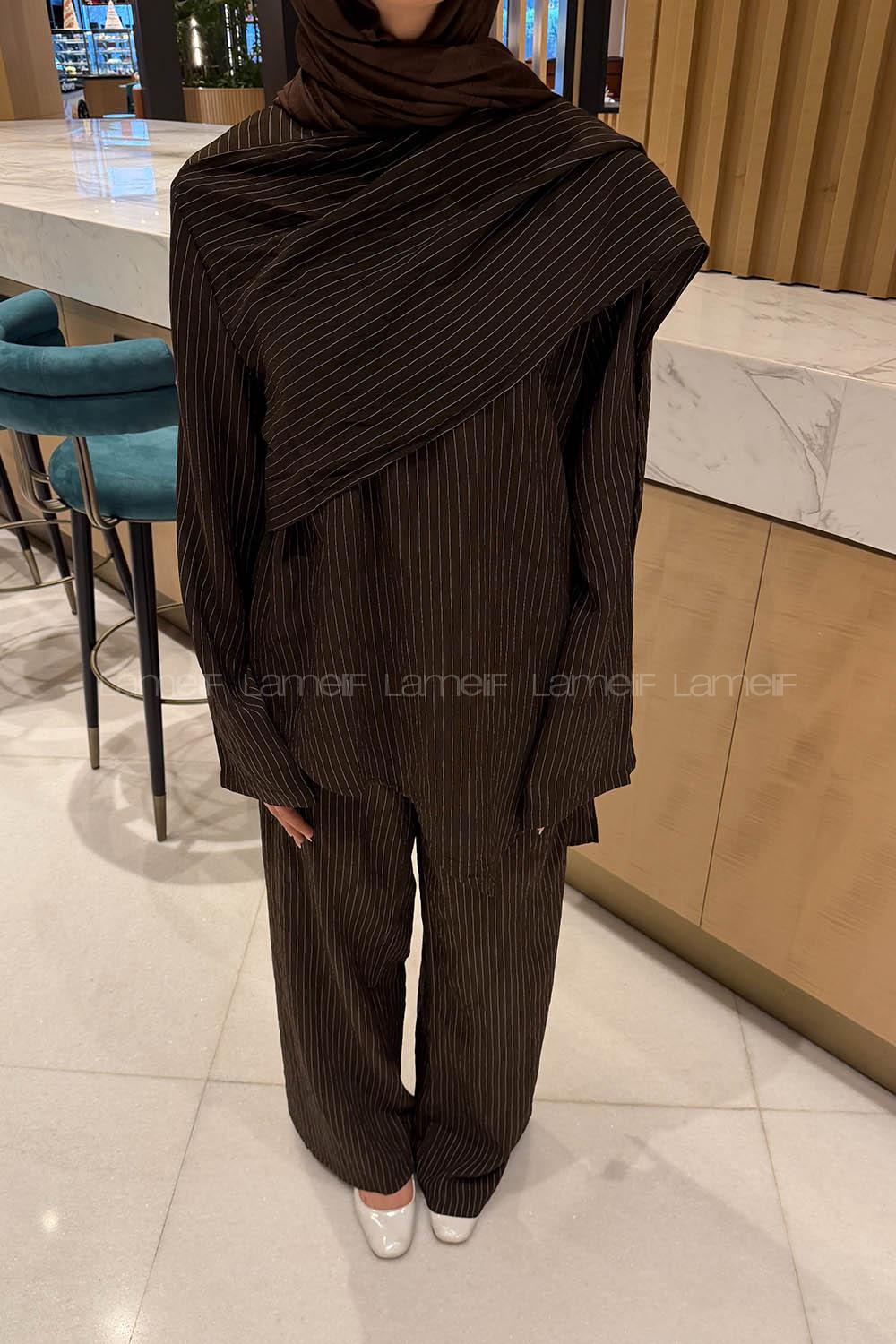 Lamelif Şal Detaylı Çizgili Takım Koyu Kahverengi