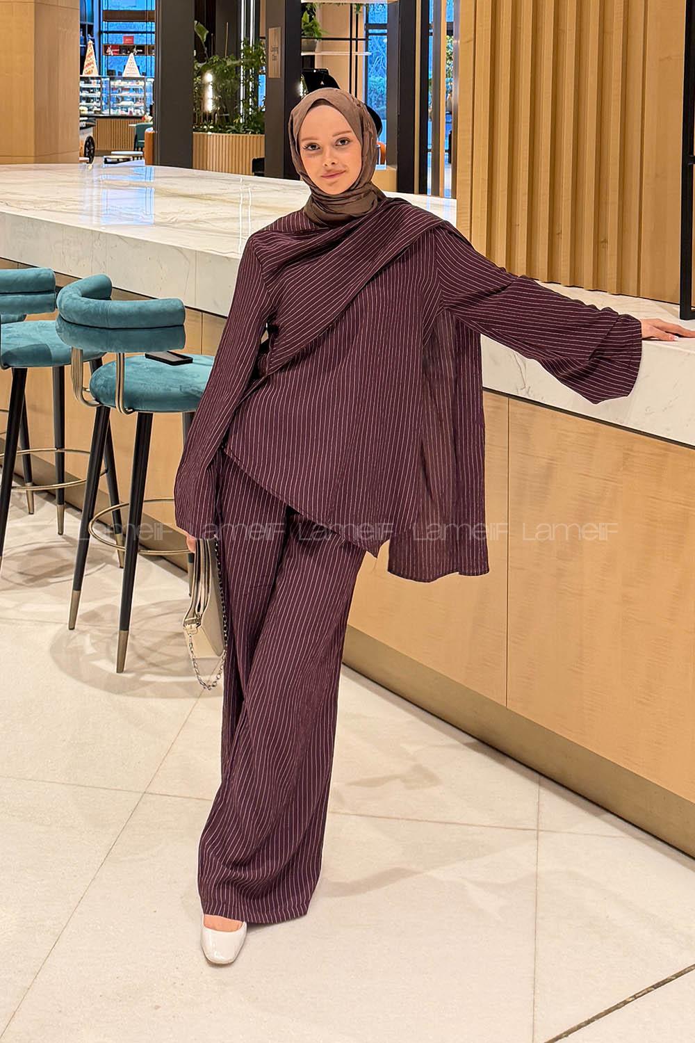 Lamelif Şal Detaylı Çizgili Takım Koyu Mürdüm
