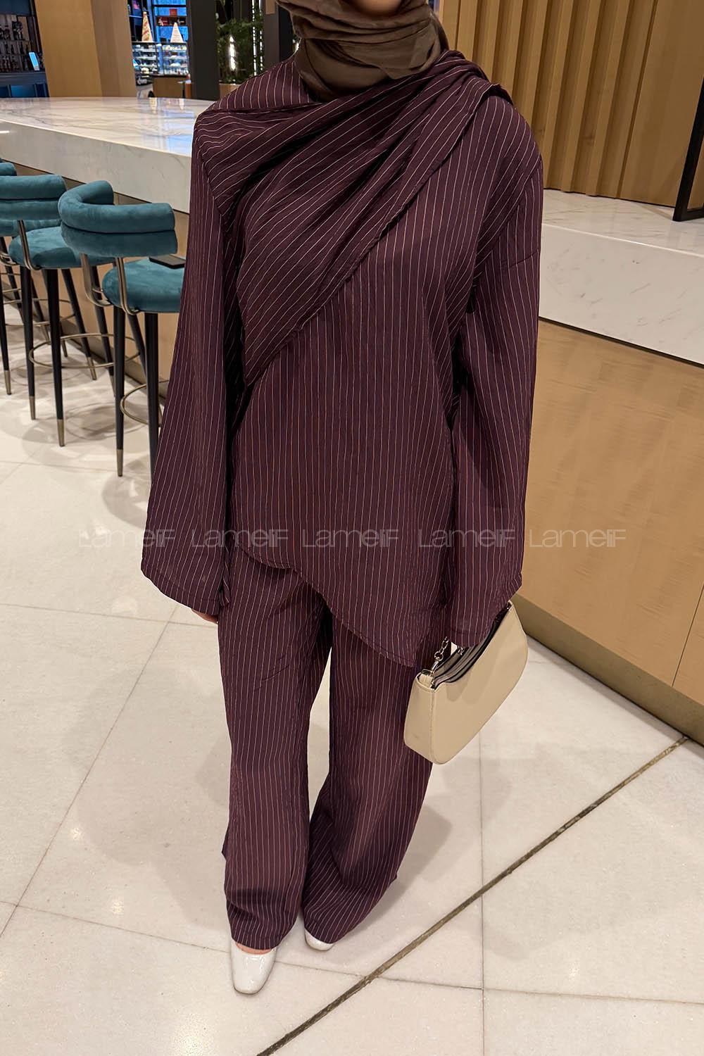 Lamelif Şal Detaylı Çizgili Takım Koyu Mürdüm