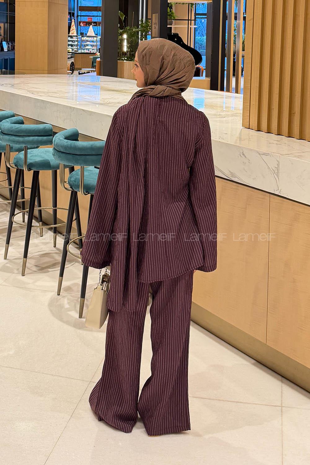 Lamelif Şal Detaylı Çizgili Takım Koyu Mürdüm