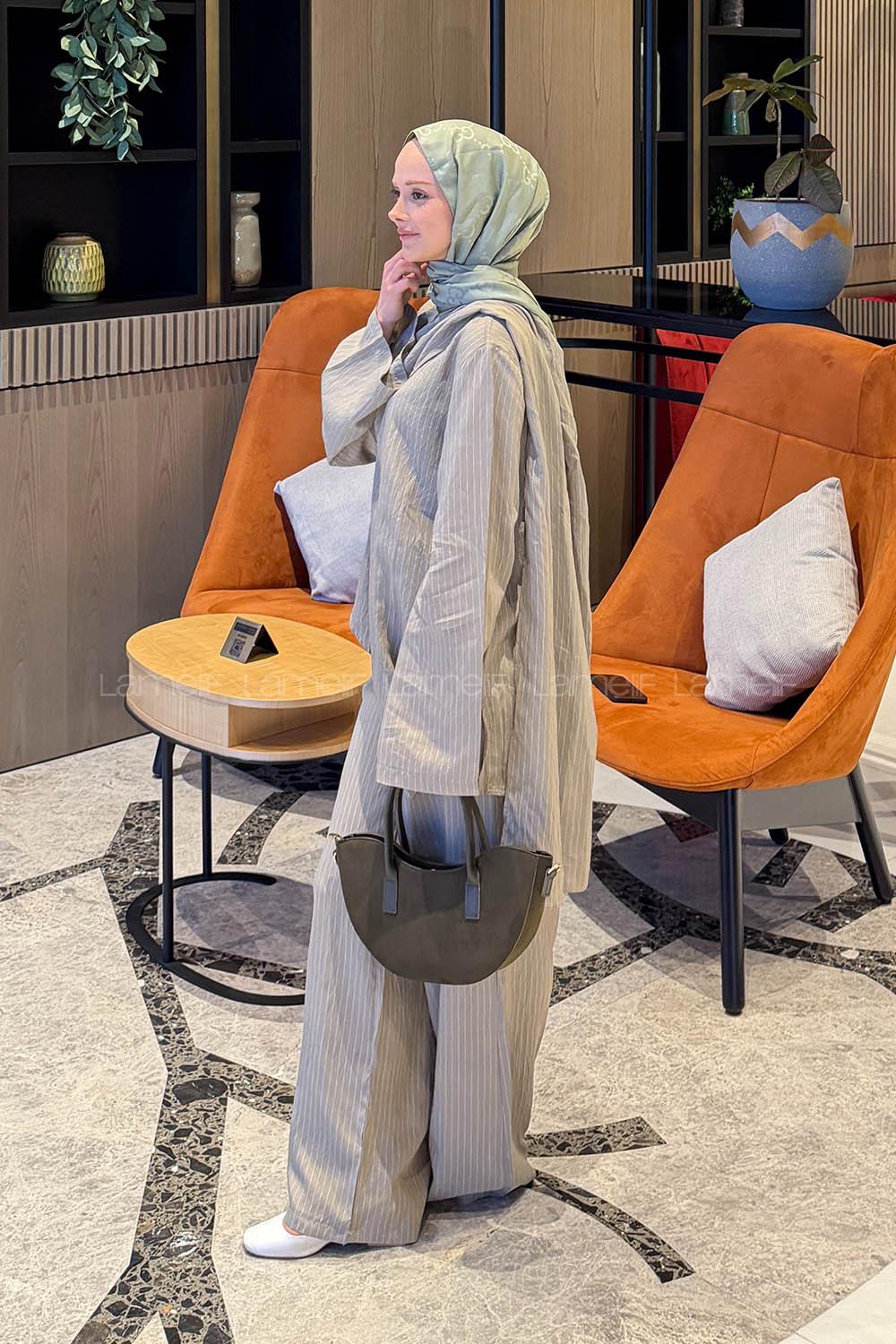 Lamelif Şal Detaylı Çizgili Takım Taş-Haki