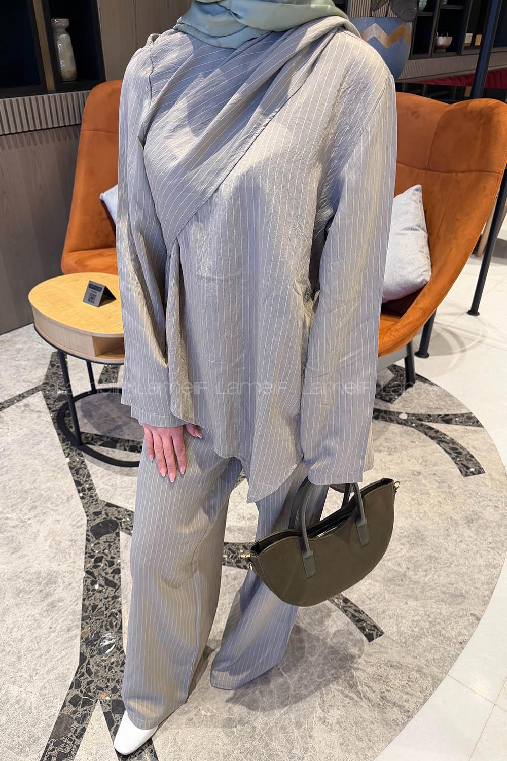 Lamelif Şal Detaylı Çizgili Takım Taş-Haki