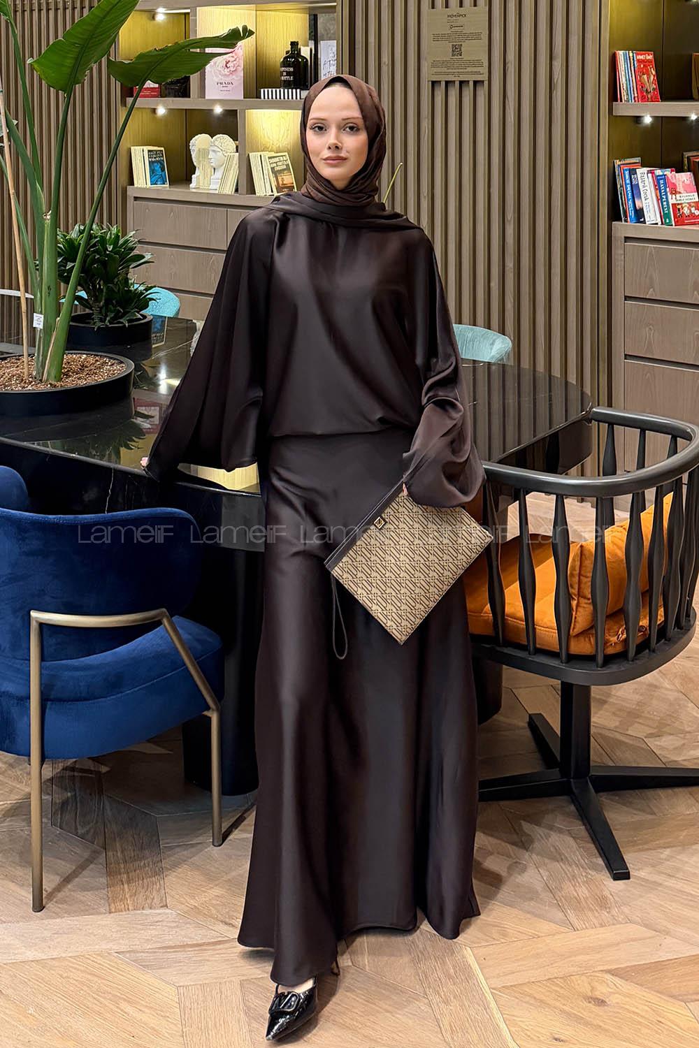 Lamelif Şal Yaka Saten Elbise Acı Kahve