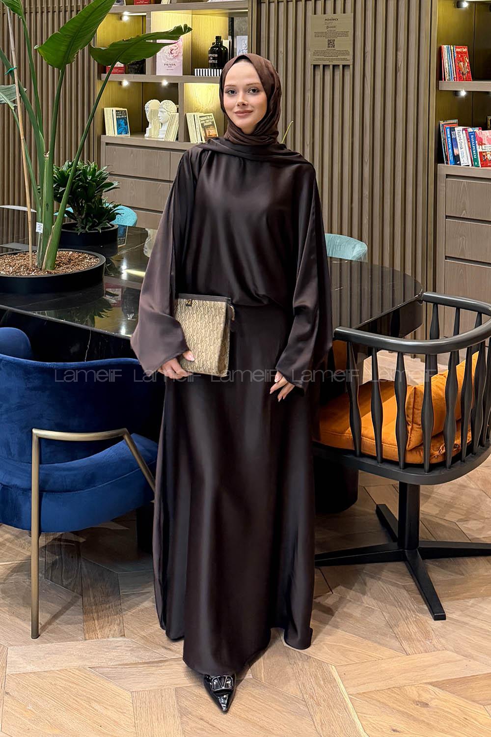 Lamelif Şal Yaka Saten Elbise Acı Kahve