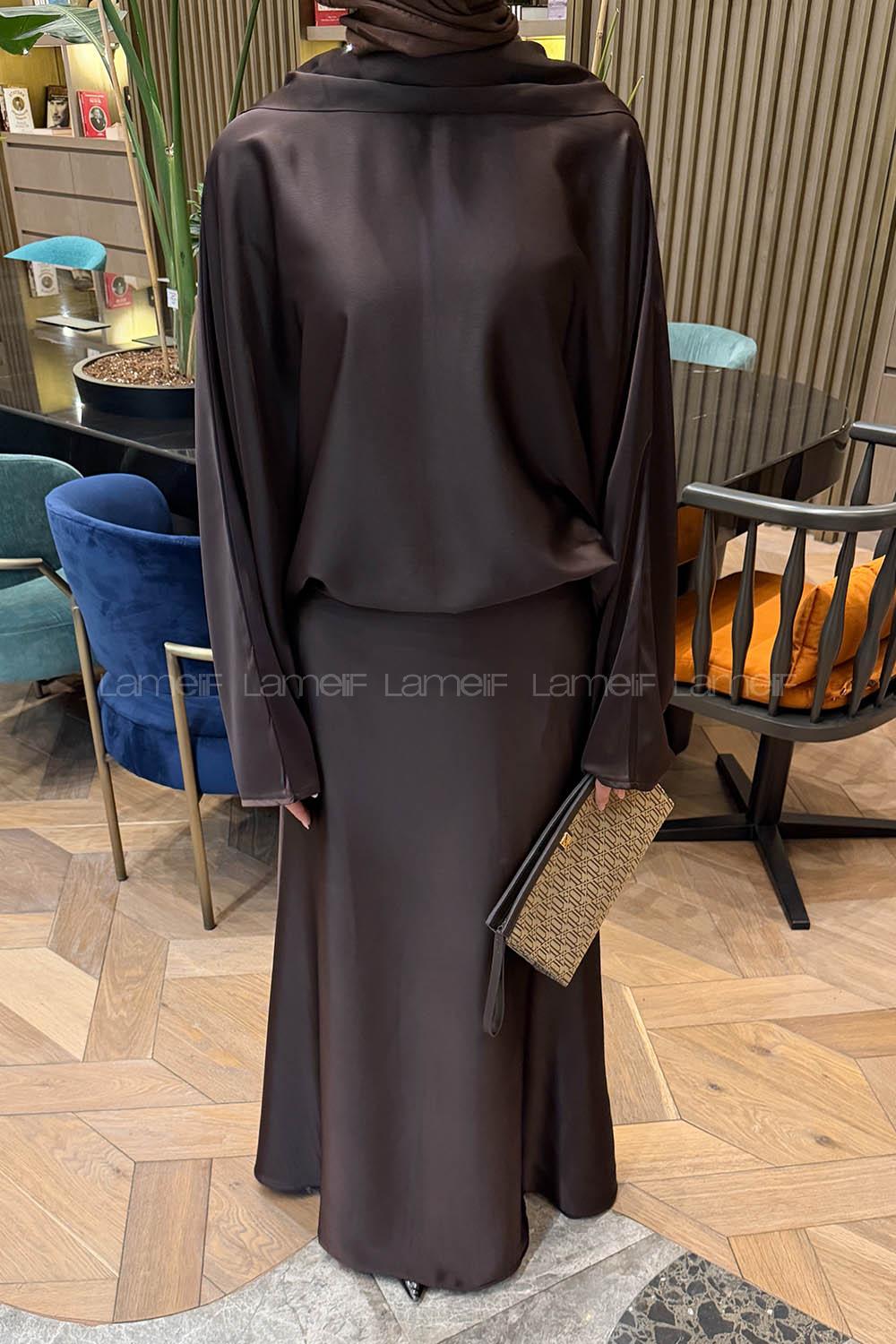 Lamelif Şal Yaka Saten Elbise Acı Kahve