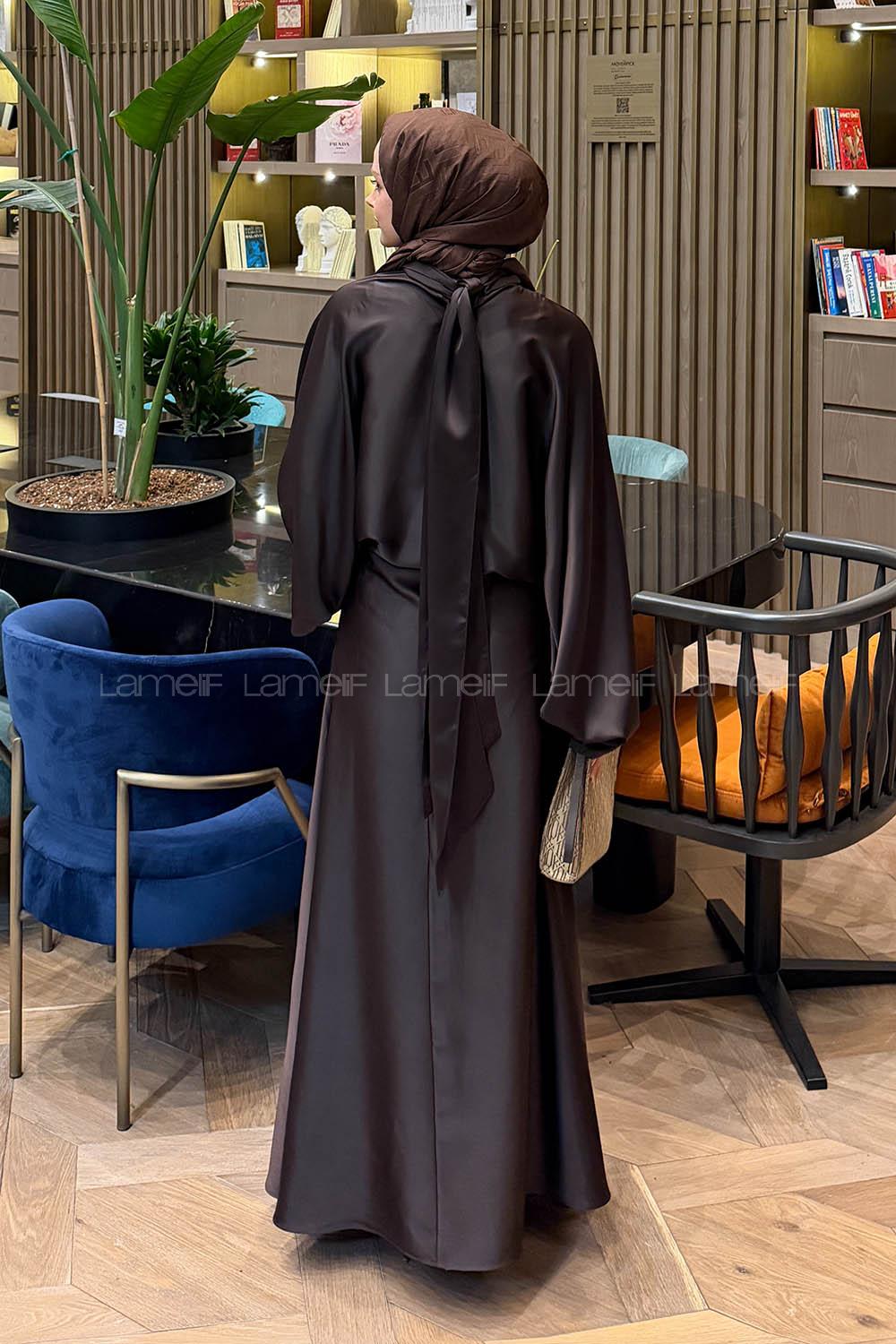 Lamelif Şal Yaka Saten Elbise Acı Kahve