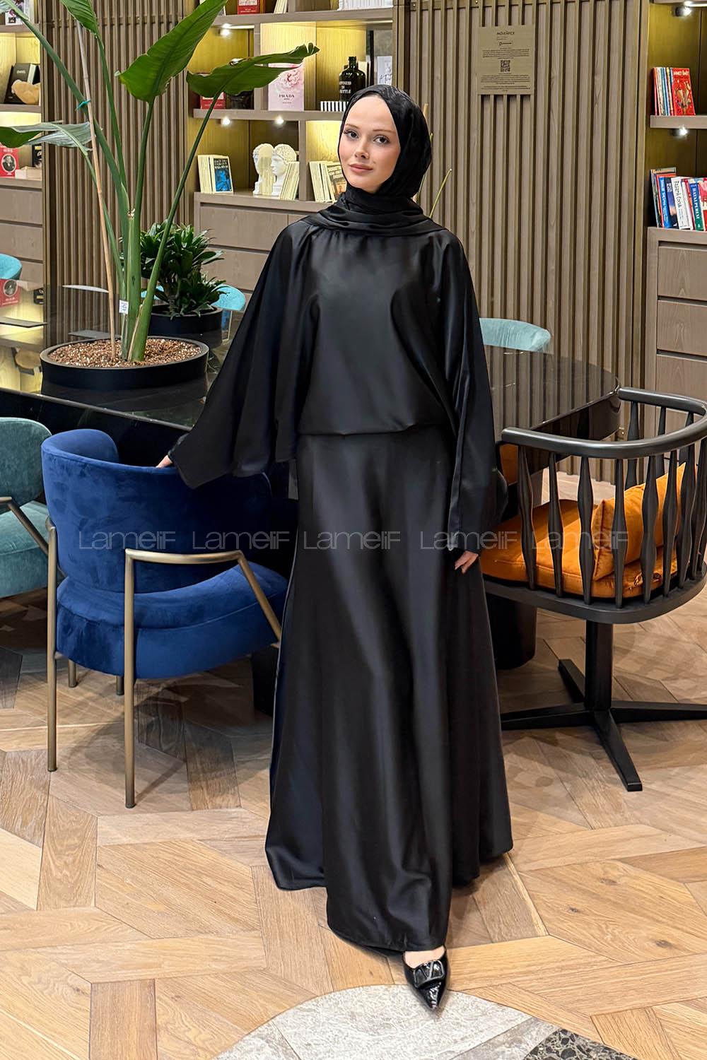 Lamelif Şal Yaka Saten Elbise Siyah