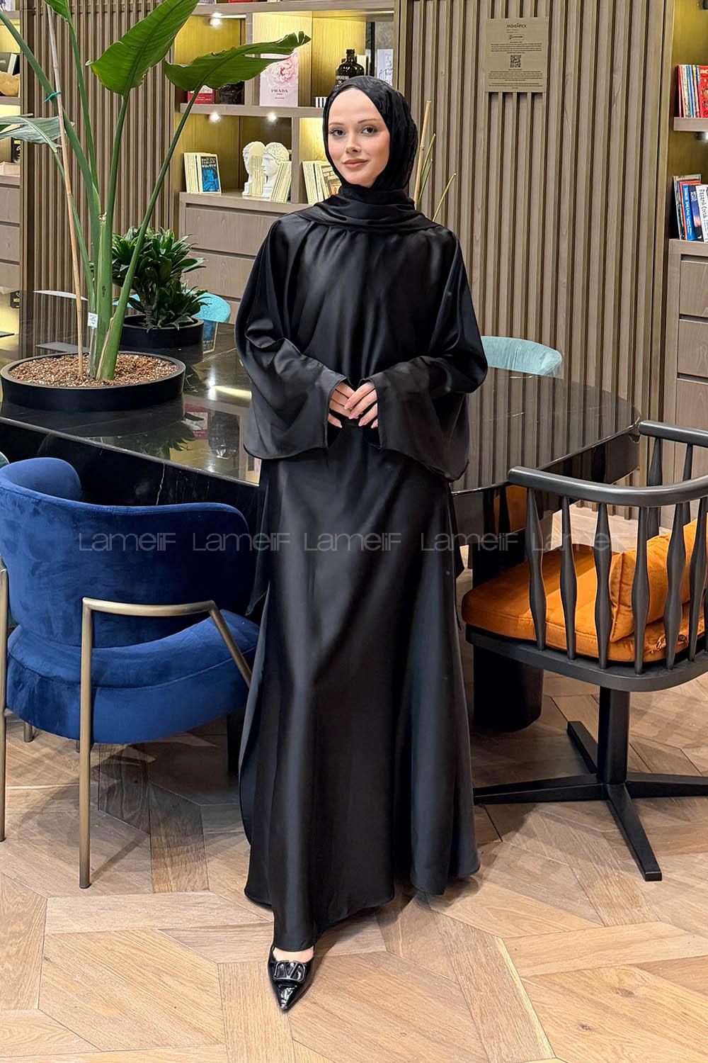 Lamelif Şal Yaka Saten Elbise Siyah