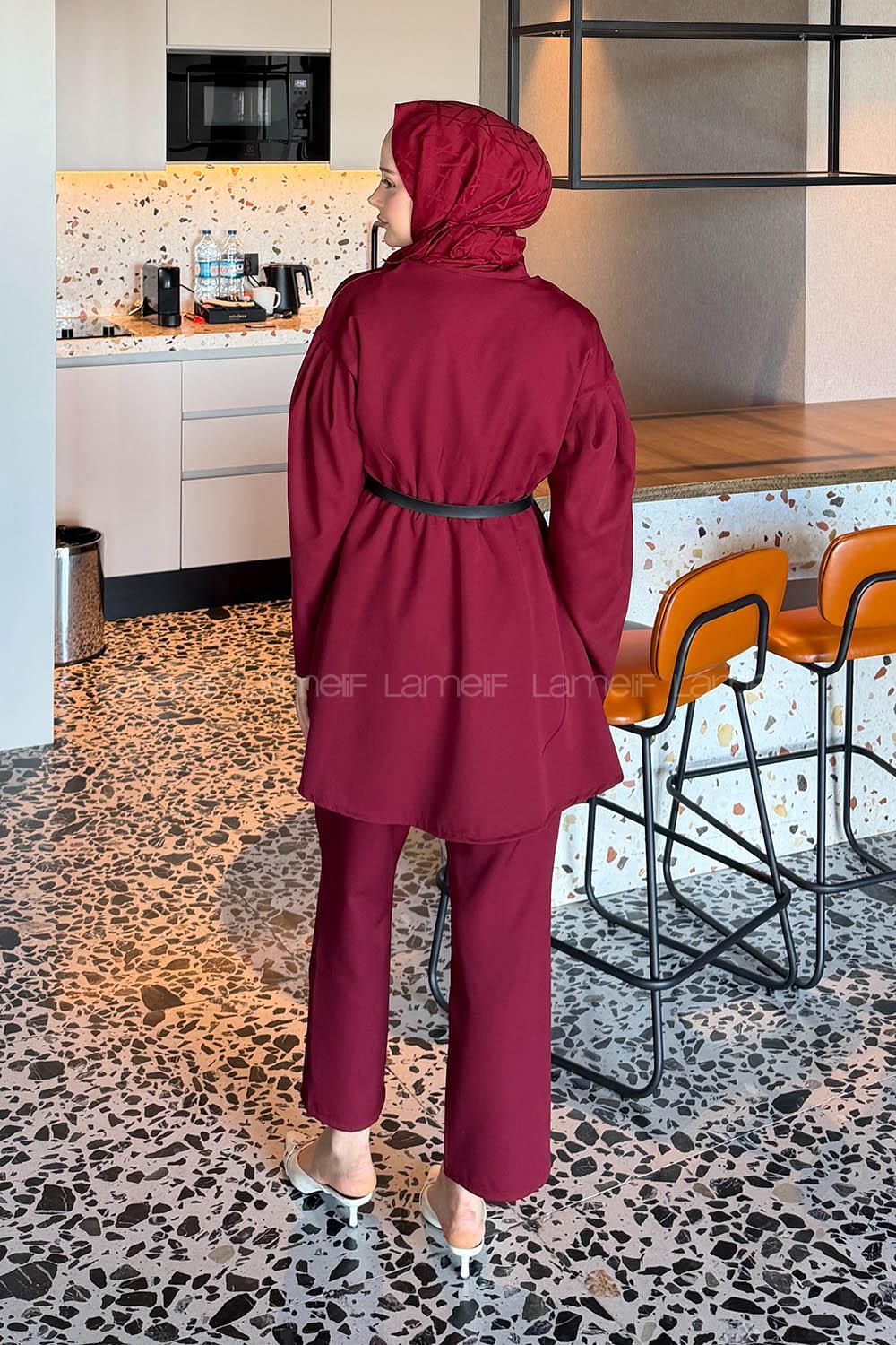 Lamelif Taş Düğme Detaylı Kemerli Takım Bordo