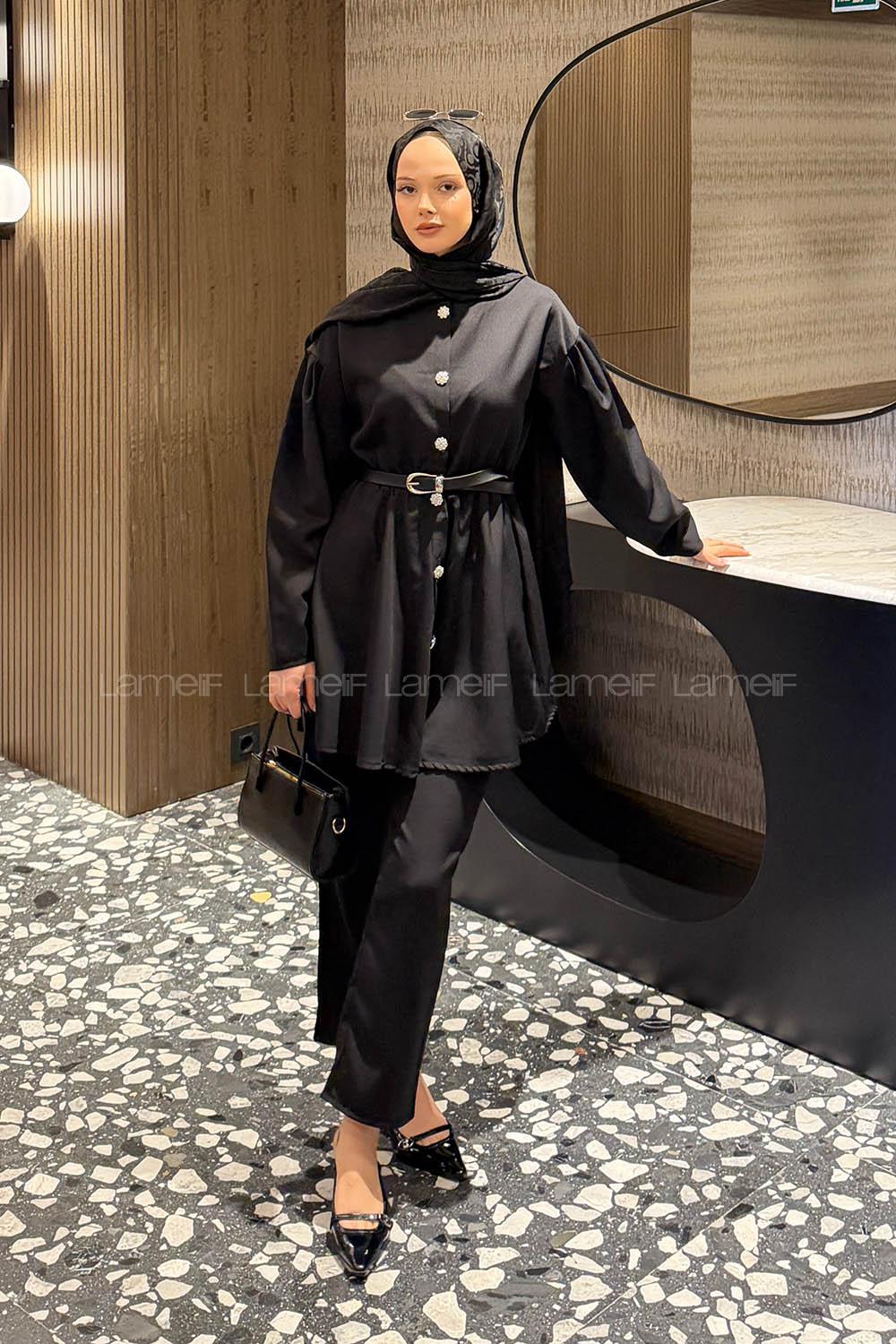 Lamelif Taş Düğme Detaylı Kemerli Takım Siyah