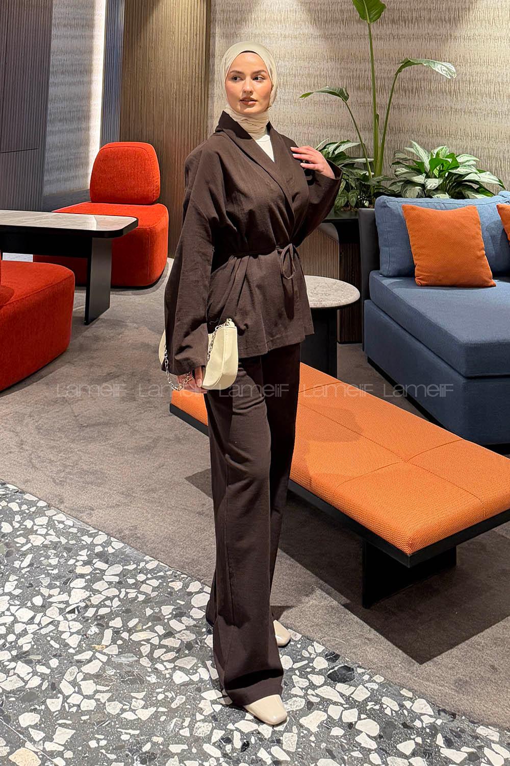Lamelif Bağlama Detaylı Ceket Takım Acı Kahve
