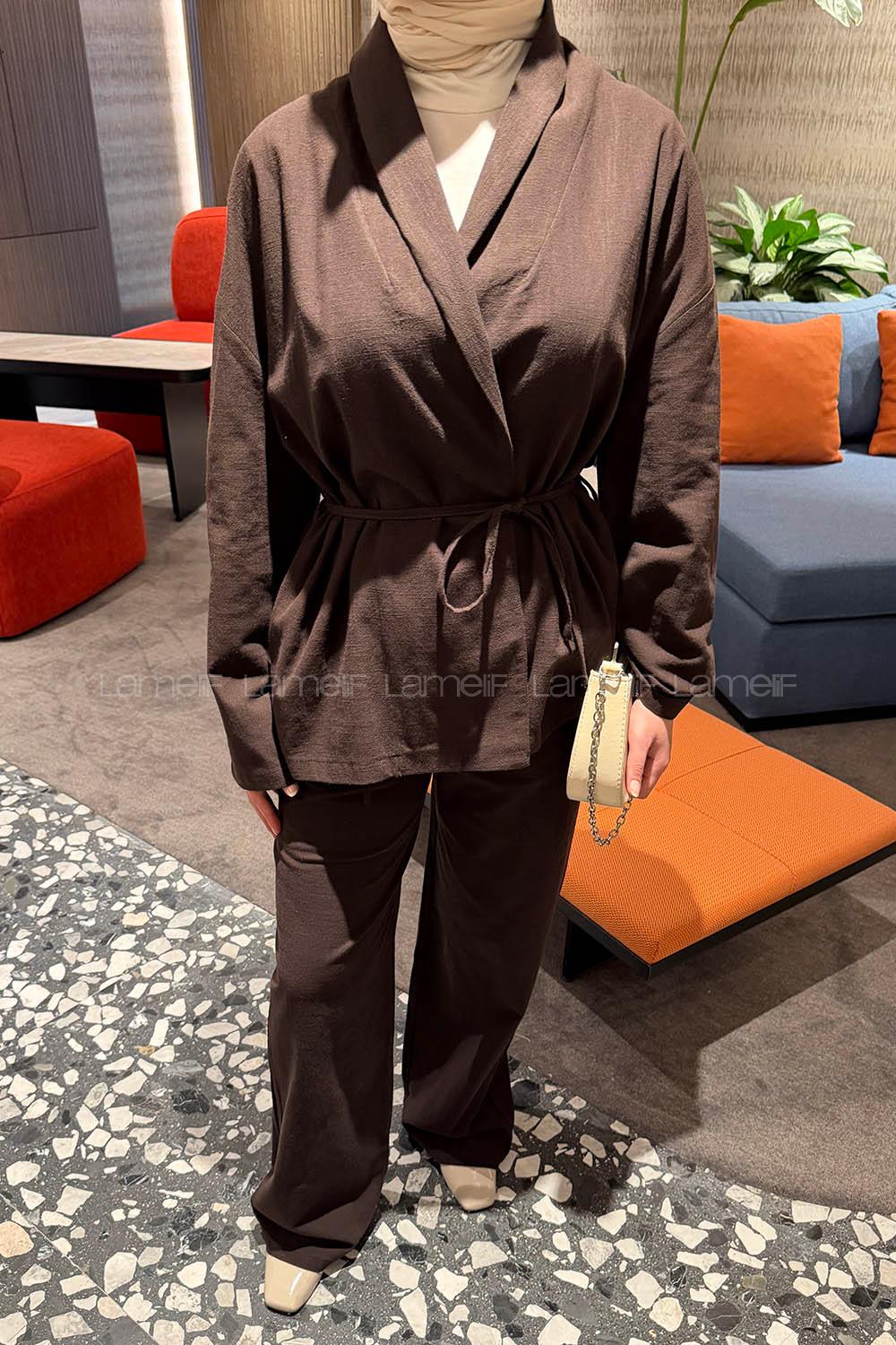 Lamelif Bağlama Detaylı Ceket Takım Acı Kahve
