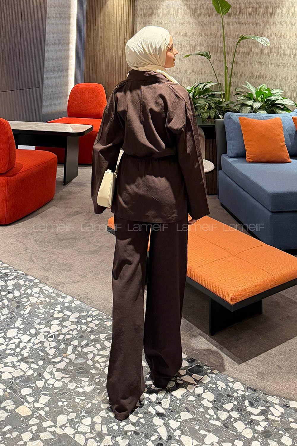 Lamelif Bağlama Detaylı Ceket Takım Acı Kahve