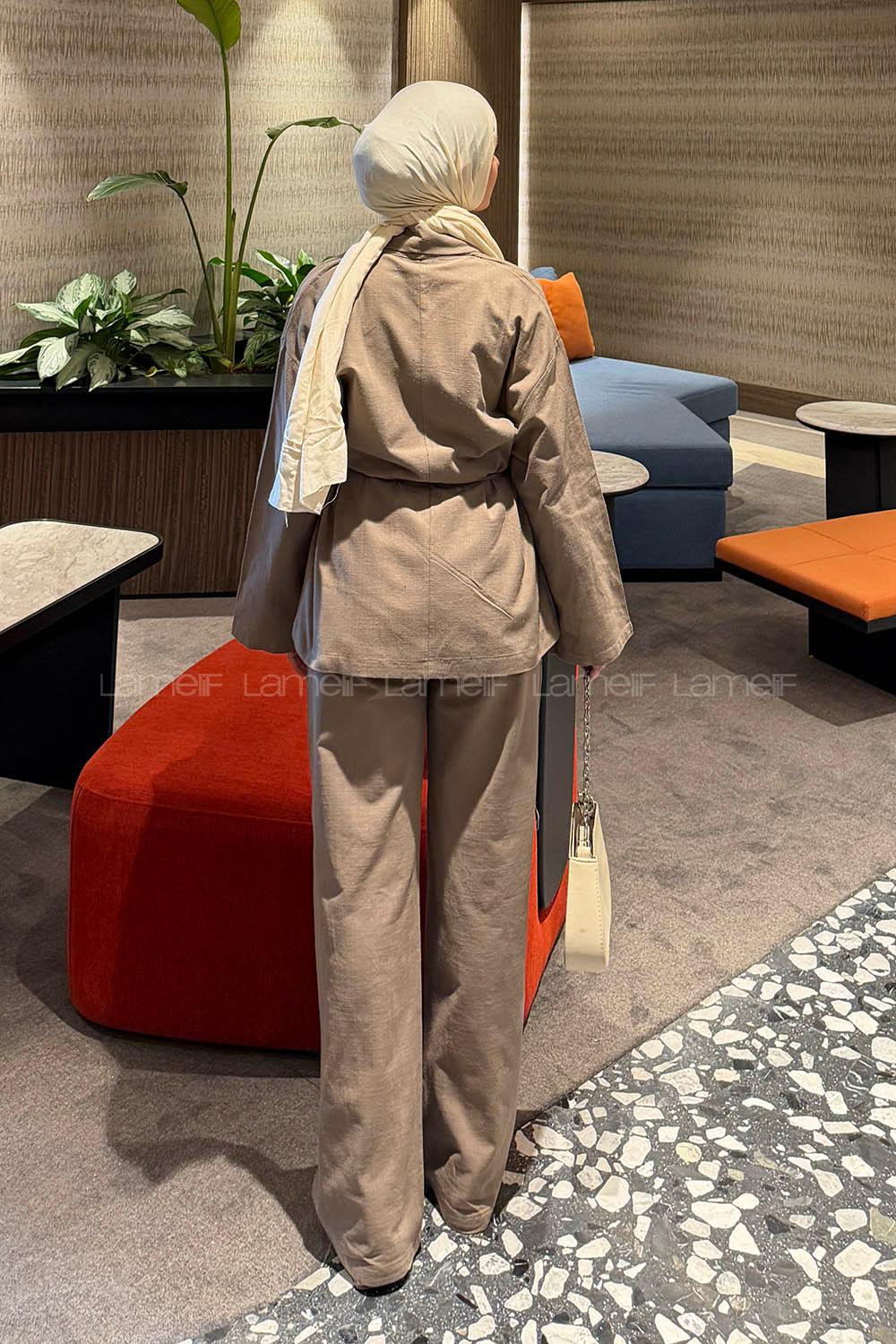 Lamelif Bağlama Detaylı Ceket Takım Soft Kahve