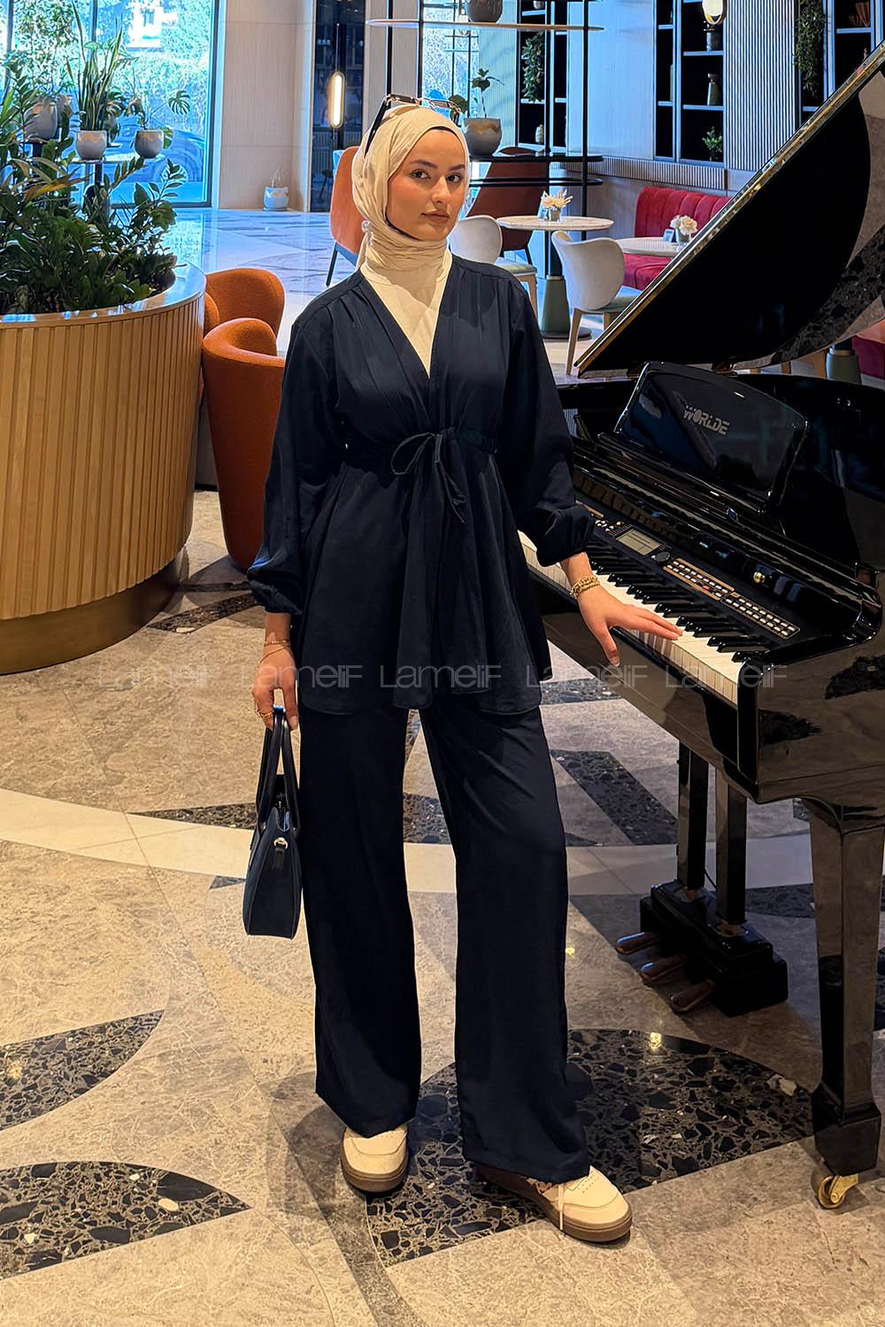 Lamelif Bağlama Detaylı Takım Lacivert