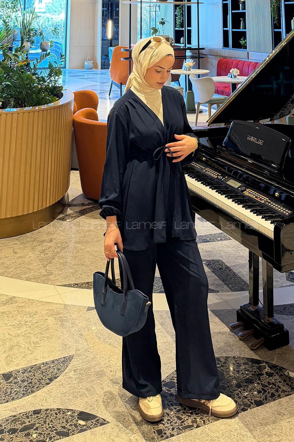 Lamelif Bağlama Detaylı Takım Lacivert