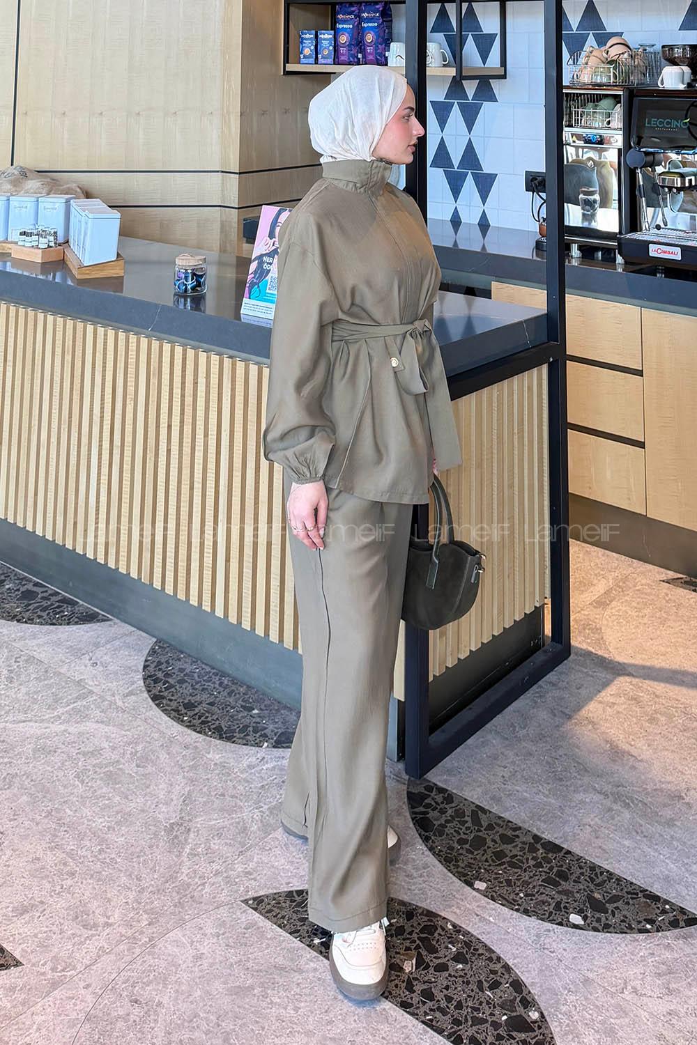 Lamelif Bağlamalı Gold Düğme Detaylı Takım Haki