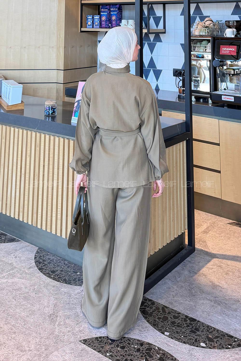 Lamelif Bağlamalı Gold Düğme Detaylı Takım Haki