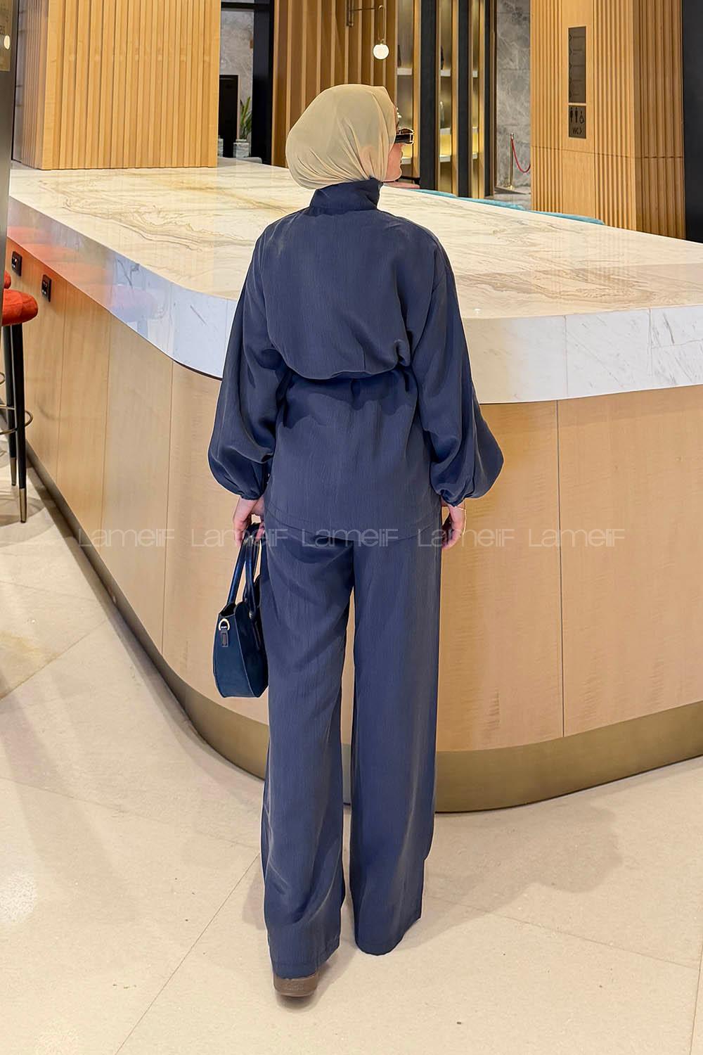 Lamelif Bağlamalı Gold Düğme Detaylı Takım İndigo