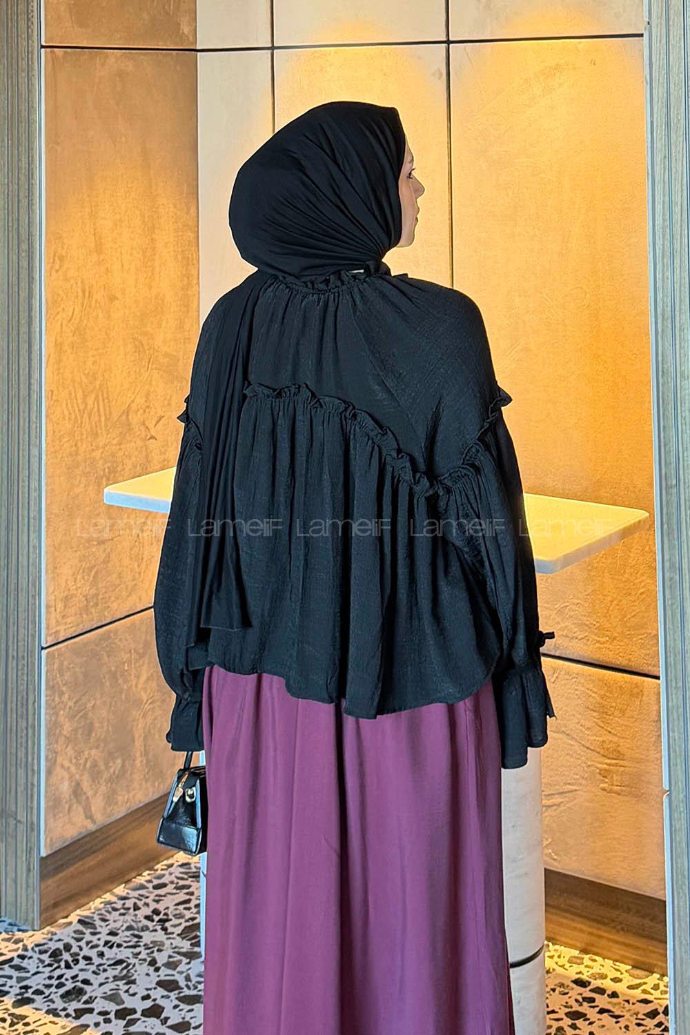 Lamelif Balon Kol Bluz Siyah