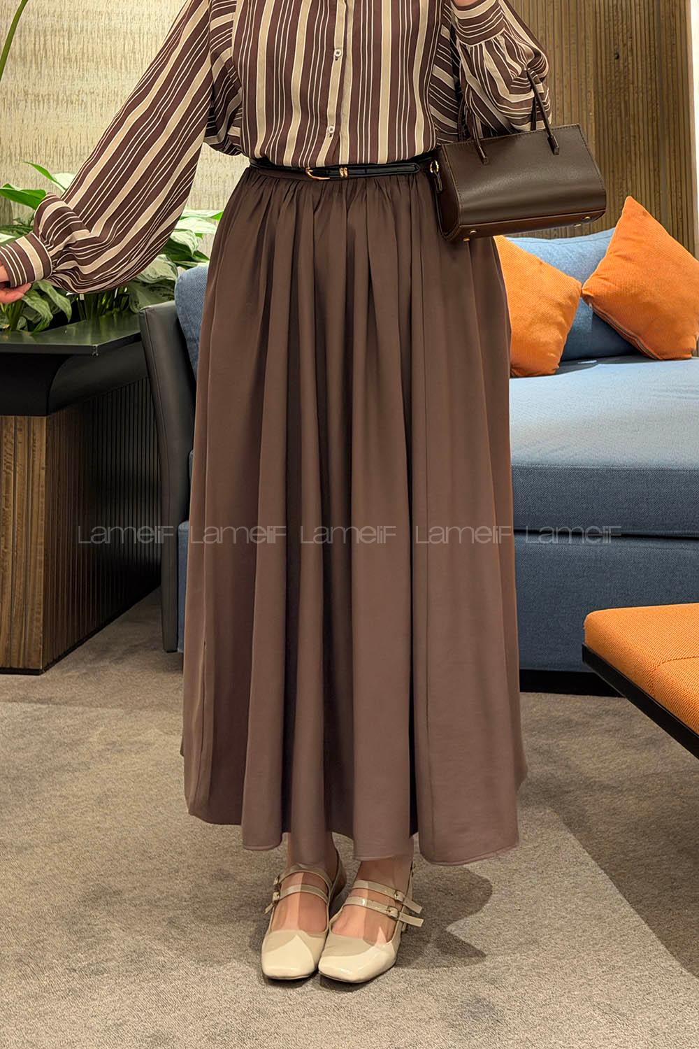 Lamelif Bel Lastikli Cep Detaylı Etek Acı Kahve