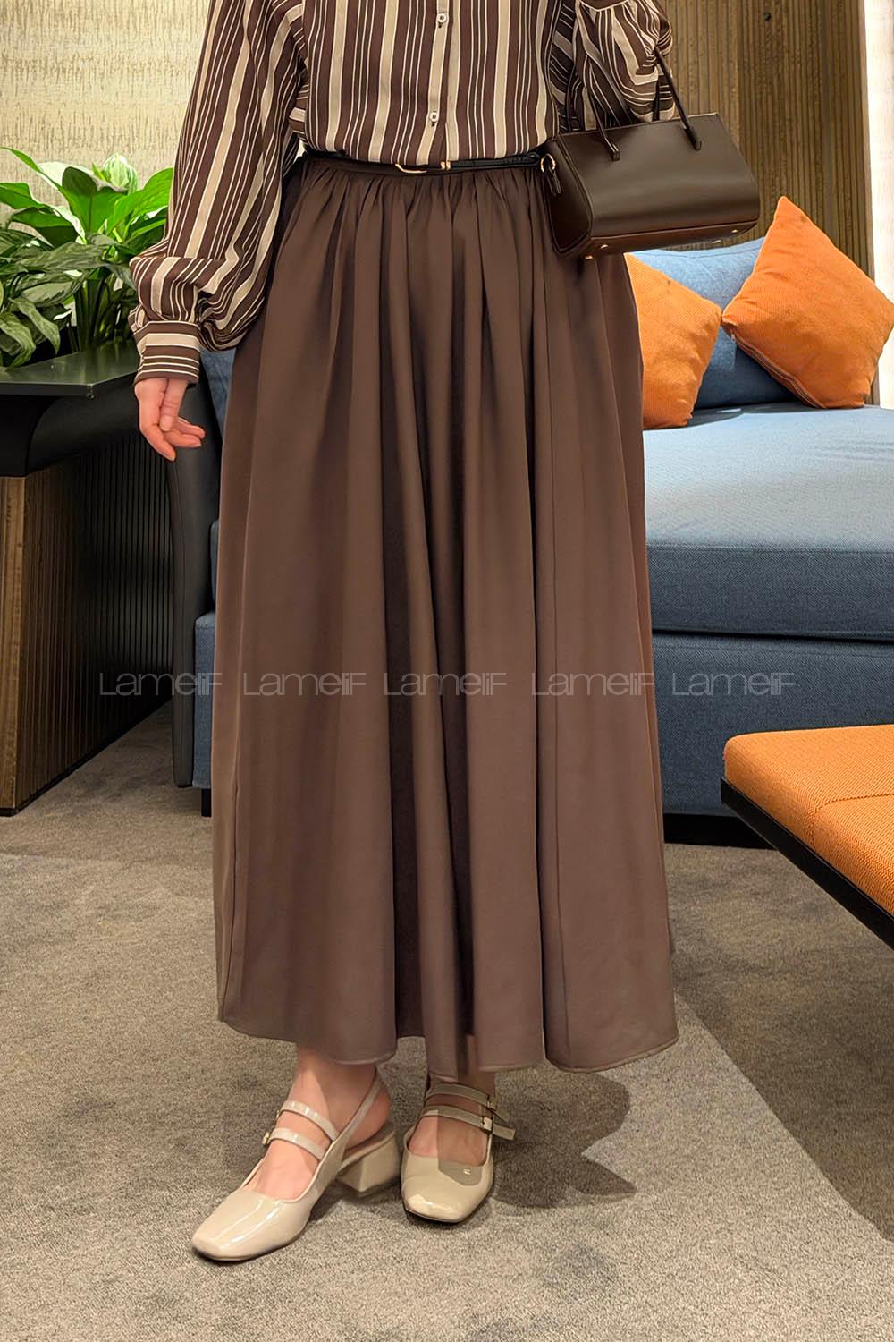 Lamelif Bel Lastikli Cep Detaylı Etek Acı Kahve